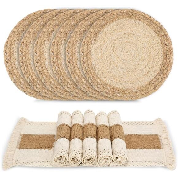 Handmade Boho Placemats Set of 6 - Natural Cotton Burlap and Water Straw Woven - Picture 1 of 7